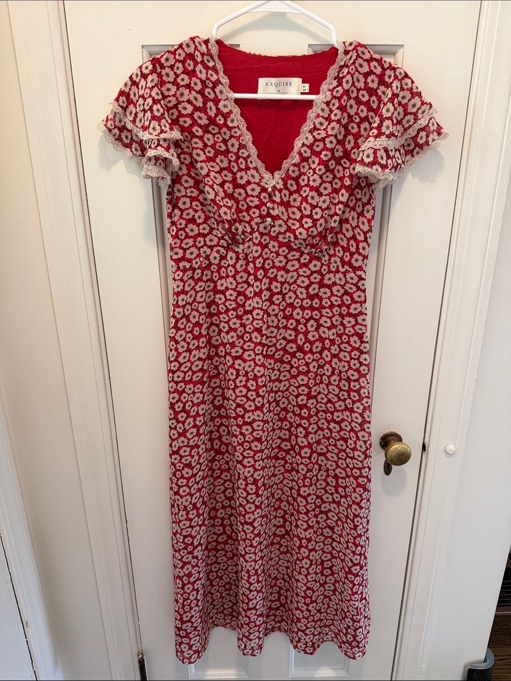 Anthropologie Exquise Red Floral V-Neck Maxi Dress